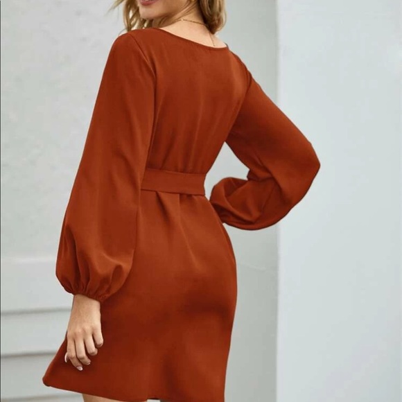 Boho lantern sleeve  belted dress rust brown - Picture 2 of 15